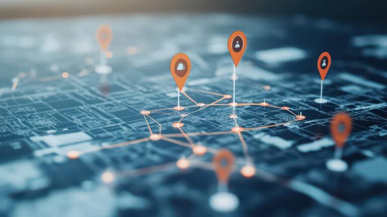 Mapa digital con gráficos de datos e inteligencia artificial aplicados al geomarketing.