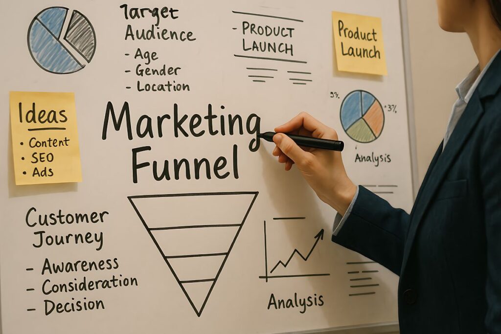 Persona diseñando un embudo de marketing con foco en el customer journey, mostrando fases como awareness, consideration y decision, con gráficos de análisis de datos | Estrategia omnicanal