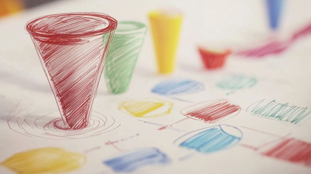 Dibujo conceptual de un embudo de conversión en colores, representando las etapas del Customer Journey desde la planificación hasta la fidelización.