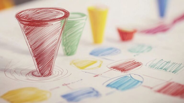 Dibujo conceptual de un embudo de conversión en colores, representando las etapas del Customer Journey desde la planificación hasta la fidelización.