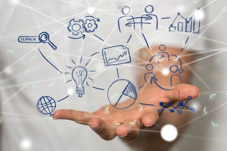 Gráfica conceptual que representa ideas, análisis y colaboración para la toma de decisiones estratégicas en market care.