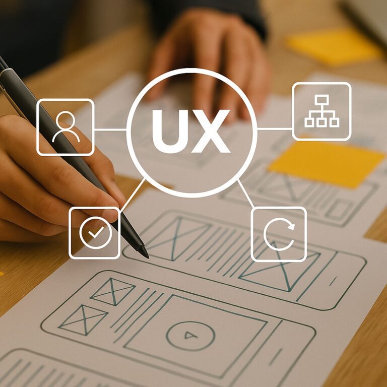 Diseñador trazando la estructura de una interfaz móvil como parte del proceso UX